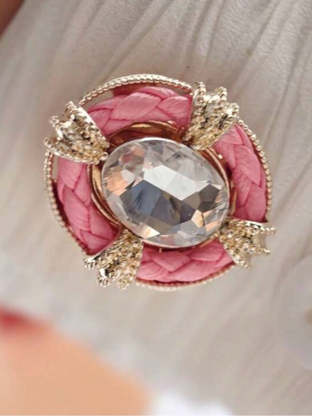 Pink Enamel & Crystal Statement Brooch – Vintage Style Gold Tone Pin - Picture 3 of 4